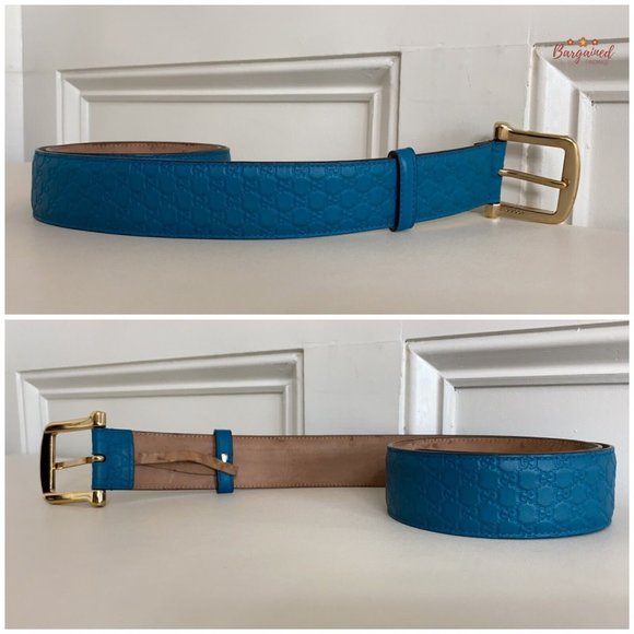 Authentic GUCCI Teal Blue Microguccissima Leather Gold Buckle Belt Size 80/32 main image 4